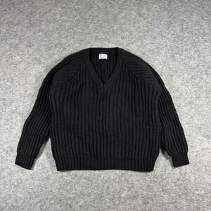 VTG Benetton V-Neck Sweater Womens 44 Black Good Ribbed Wool Blend Made in Italy